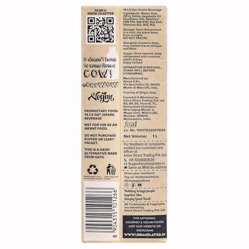 Image of Urban Platter OatWOW Classic Oat Beverage, 1 Litre (Pack of 1, Plant-Based, Milk Alternative, Creamy, Lactose-Free)