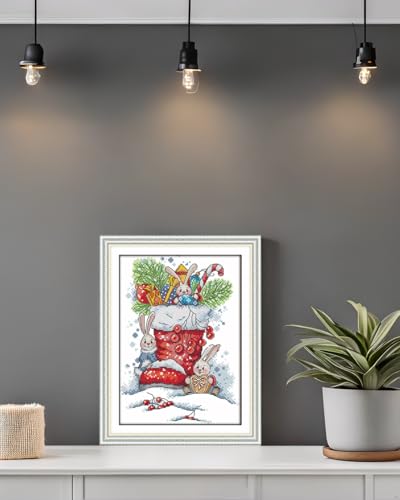 Image of CaptainCrafts Cross Stitch Kits Full Range Stamped Fabric DIY Art Needlecrafts Embroidery Kit for Adults Beginner (Stamped 11CT, Rabbit in The Christmas Boots) | Printed Fabric, Rabbit in The Christmas Boots Cross Stitching, DIY Hand Embroidery, Relaxing Crafts, Home Decor