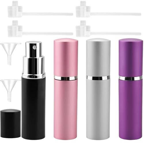 SeeHoo 10ML Perfume Atomizer Set - 4PCS Mini Refillable Spray Bottles for Travel, Purse & Handbag (Black, Silver, Pink, Purple) - Portable Scent Dispenser