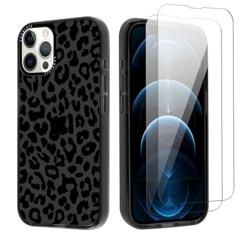 lioscre Cheetah Print Phone Case for iPhone 12 Pro Max 6.7" Case with 2 Pack Tempered Screen Protector, Cute Leopard Pattern Design Shockproof TPU Soft Clear Funda Cover for Women Girls, Black
