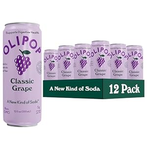 OLIPOP Prebiotic Soda Pop, Classic Grape, Pantry Pack Packed with Prebiotics, Fiber, and Botanicals, Gluten Free, GMO Free, 12oz Skinny (12-Cans)