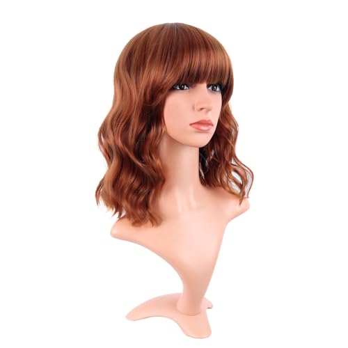 Image of MapofBeauty 14 Inch /35 cm Short Wavy Curly Women Fresh Bright Synthetic Ordinary Flat Bangs Bob Wig (Ginger Orange)