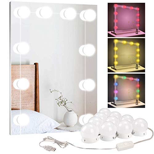 BLOOMWIN Luces LED Kit de Espejo con 10 Bombillas Regulables RGBW 12 Color 10 Niveles de Brillo Estilo Hollywood Lámpara Luces para Espejo de Maquillaje Tocador Espejo Baño Regalo Fiesta Cumpleaños