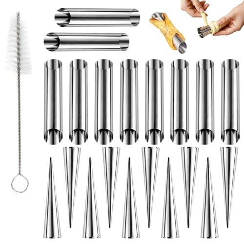 EVBOTGEE Lot de 21 moules à cannoli en acier inoxydable - Tubes à cannoli - Moule à croissant et rouleaux à crème - Moules à pâtisserie avec brosse de...
