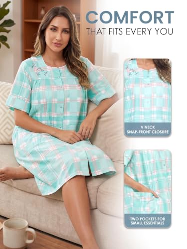 Image of Casual Nights Women's Snap - Front House Dress Short Sleeve Woven Housecoat Duster Lounger Robe with Pockets