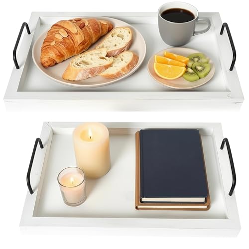 Besti Rustic Vintage Food Serving Trays (Set of 2) | Nesting Wooden Board with Handles | Stylish Farmhouse Decor Serving Platters | Large: 15 x2 x11” - Small: 13 x2 x9” inches (Rustic Off White)