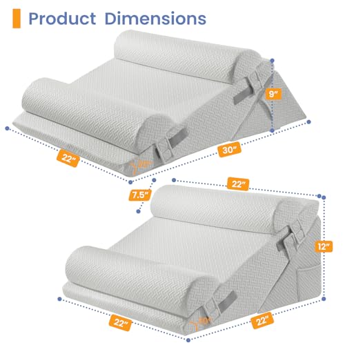 Sasttie Wedge Pillow Set for After Surgery, 4PCS Adjustable Bed Wedge Pillow Headboard with Memory Foam Neck Cushion – for Acid Reflux, Sleeping, Neck & Back Support, Light Grey