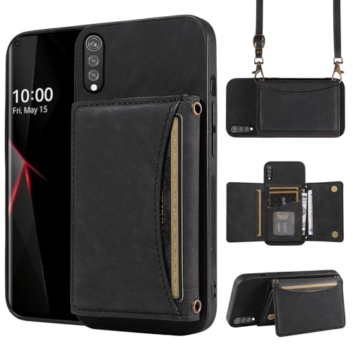 Phone Case For LG Velvet 5G/LGVelvet Verizon G5 UW T-mobile 2020 Wallet Cover with Crossbody Shoulder Strap and Leather Credit Card Holder Pocket Slim Stand Cell LM G900UM 4G Tmobile Girls Black