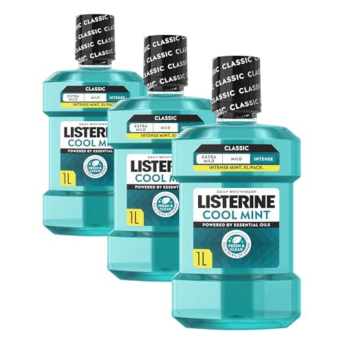 Image of Listerine Cool Mint Intense Taste Classic Mouthwash (Pack of 3 x 1000ml) Helps Kill Germs Left After Brushing, Freshens Breath and Maintain Healthy Gums