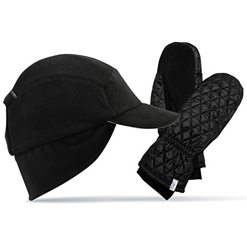 TrailHeads Fleece Ponytail Cap and Quilted Mittens Womens Running Set - black (medium)