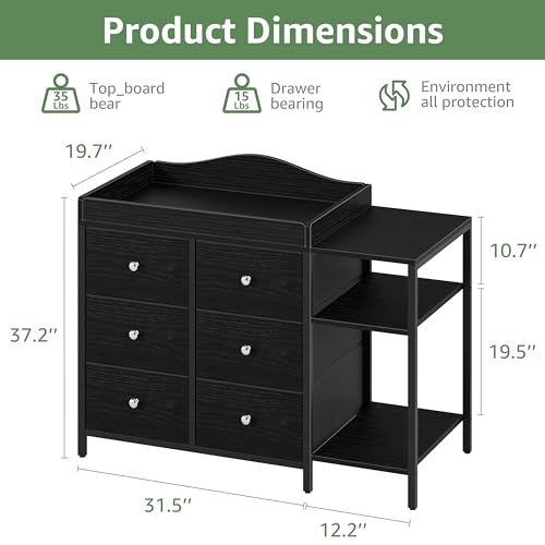 Image of BOLUO Baby Dresser with Changing Table Top, Black Changing Table Dresser with 6 Fabric Drawers Diaper Changing Station with Storage Shelf for Nursery Modern