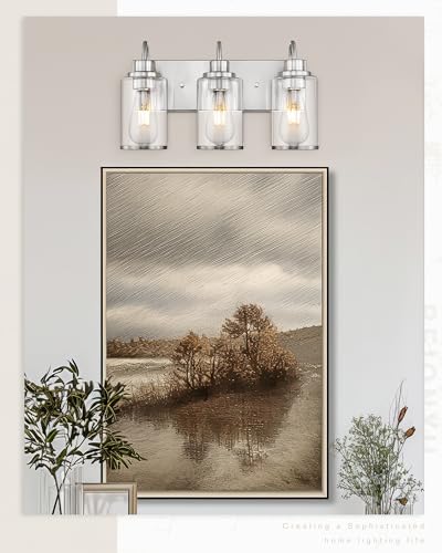 Image of Beionxii 3-Light Bathroom Light Fixtures, Brushed Nickel Bathroom Light Fixtures Over Mirror, Bathroom Vanity Light with Clear Glass Shade, Modern Vanity Lighting for LivingRoom Hallway, BX-VL01BN-3CG