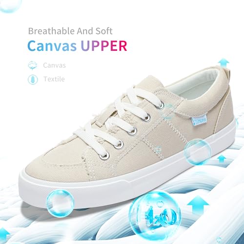 Obtaom Women's White Play Fashion Sneakers Cute Lace up Canvas Shoes Low Top Washed Canvas Flat for Lady3