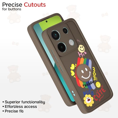 Image of Pikkme Back Cover for Redmi Note 13 Pro 5G / Poco X6 5G | Soft Silicone| Cute Rainbow Smile & 3D Cartoon Flower Design | Shockproof Raised Camera Protection Bumper Case (Brown)