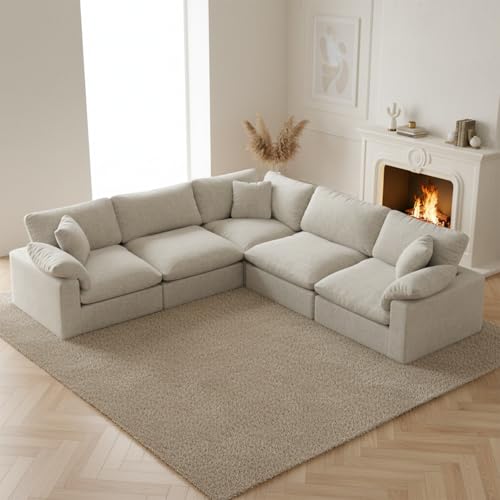 Image of 211.6 inch Cloud Modular Sectional Sofa,Light Beige Down Filled Sofa 5 Seat,Minimalist Sofa Cover Washable and Replaceable Couches for Living Room,Sectional Sofa Deep Seat