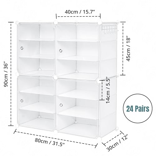 Image of ABOUT SPACE PP Plastic 24 Pair DIY Shoe Rack for Home with Door&Hanger-Portable Shoe Stand-4 Cube Expandable Shelves-Shoe Cabinet for Balcony,Men,Women,Heels,Boots,Loafers,Sneakers,Slippers(White)