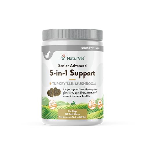 NaturVet Senior Advanced 5-in-1 Support Dog Supplement – Helps Support Immune System, Heart, Liver, Cognitive Function, Eye Health – Includes Ginkgo Biloba, Lutein – 120 Ct.