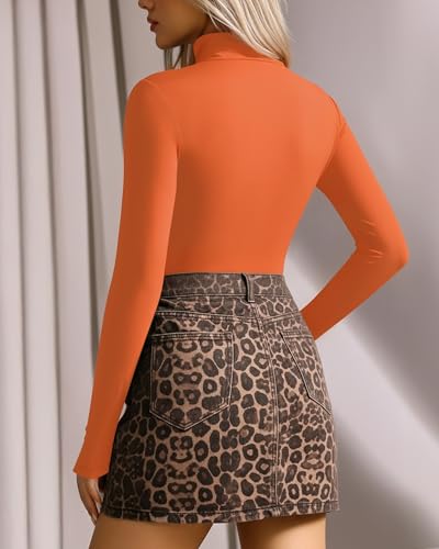 Image of MANGOPOP Women's Mock Neck /Turtle Neck Long Sleeve Modal Bodysuit Jumpsuit (Mock Neck - Orange, Medium)