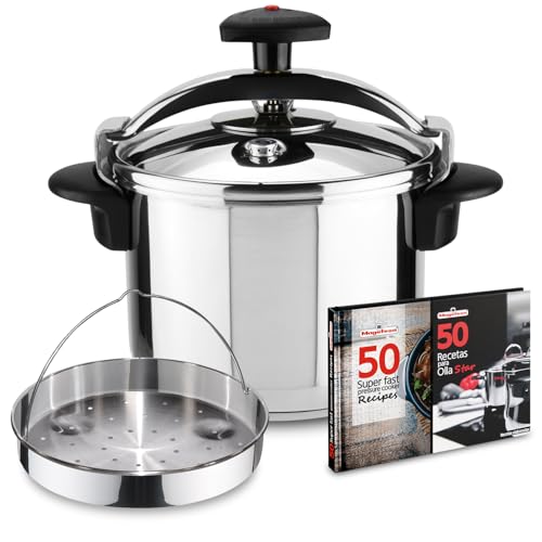 Magefesa Star Recta - Pack Exclusif Autocuiseur Traditionnel 6L + Panier + Livre de Recettes, Acier Inoxydable 18/10, Compatible avec l’Induction
