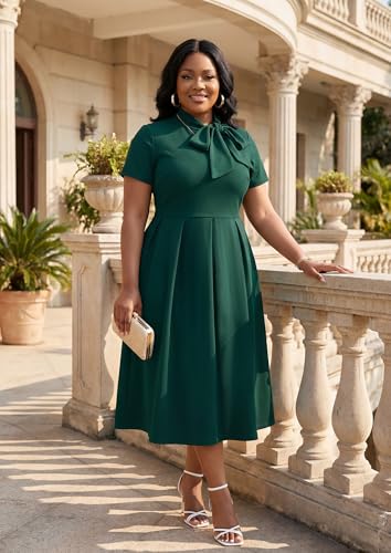 Image of FANDEE Midi Dress for Women Casual Short Sleeve A-line Semi Formal Fit and Flare Dress Classy Tie Neck Work Business Dresses