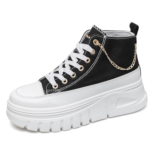Womens Platform Sneakers Canvas Sneakers for Women Casual Canvas Shoes for Walking with Chain Platform Wedges Shoes (Black,8)