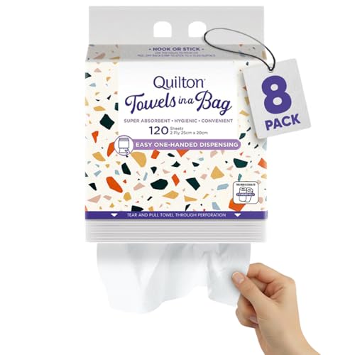 Quilton Towels in a Bag, 2-Ply Paper Towels, 120 Sheets x 8 Pack, Easy One-Handed Dispensing, Strong, Absorbent and Convenient