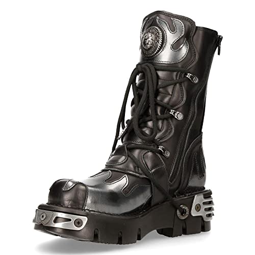New Rock Newrock 591-S2 Silver Flame Metal Black Leather Emo Punk Goth Boots - Black 12 Us #TOP18