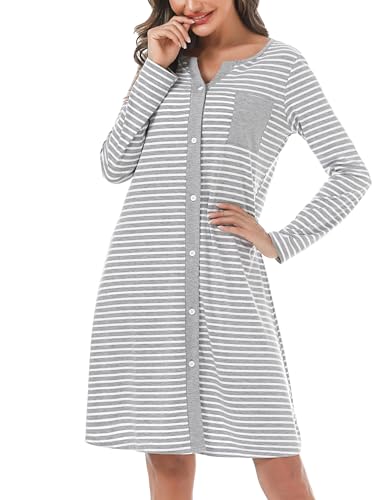 Marvmys Nachthemd Damen Baumwolle Schlafshirt mit durchgehende Knopfleiste...