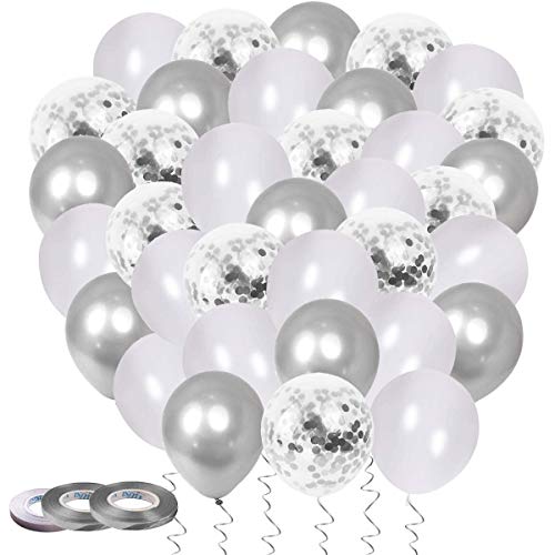 60PCS Ballon Anniversaire Argent, Ballons Marriage Argent, Ballons Confettis Argenté, Ballon Blanc Fête Ballon pour Décorations, Mariage, Anniversaire, Se réunir, Cérémonie Décorations