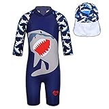 Freebily Kinder Jungen Badeanzug Bademode Einteiler Neoprenanzug Badekappe Set Hai/Krabbe Druck Schwimmanzug Rash Guards Marineblau 110-116
