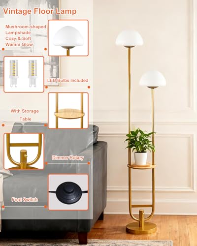 Image of Lightdot 63IN Gold Dimmable Floor Lamp with Table Modern Mid Century Standing Lamps with Bulbs Included Unique Vintage Tall Floor Lamp with 5Lbs Heavy Base for Living Room /Sofa Beside /Corner Decor