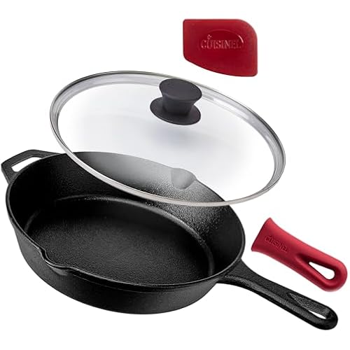 Cuisinel Cast Iron Skillet with Lid - 10"-Inch Pre-Seasoned Frying Pan + Glass Cover + Heat-Resistant Handle Holder - Indoor/Outdoor Use - Grill, Stove, Camp Firepit, Induction - Oven Safe Cookware
