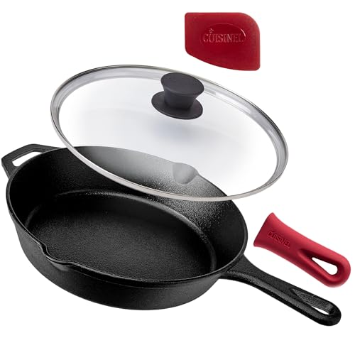 Cuisinel Pre-Seasoned Cast Iron Skillet (10-Inch) with Glass Lid and Handle Cover Oven Safe Cookware - Heat-Resistant Holder - Indoor and Outdoor Use - Grill, Stovetop, Induction Safe