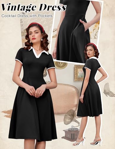 Dressystar Women V Neck 1950s Vintage Short Sleeves Dress Retro A Line Swing Rockabilly Cocktail Party Dresses with Pockets3