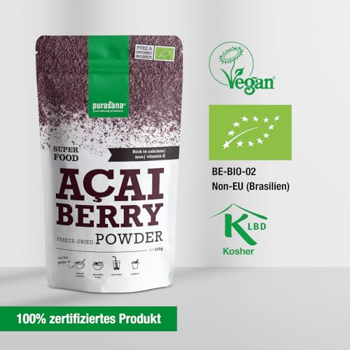 Purasana® Acai Pulver Bio - 100g Gefriergetrocknet, 100% Rohkost aus Acai-Beeren, Hochkonzentriert und Reich an Antioxidantien, Unterstützt das Immunsystem - Vegan & Zertifiziert