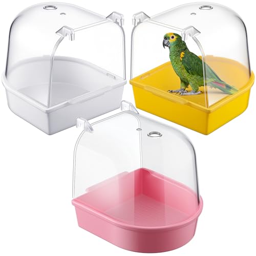 Image of Honeydak 3 Pieces Clear Bird Bath for Cage Parakeet Bird Cage Accessories Hanging Bath Box Parrot Bathing Tub with Clear View for Cockatiel Conure Canary Budgies Parrots(Bright Colors)