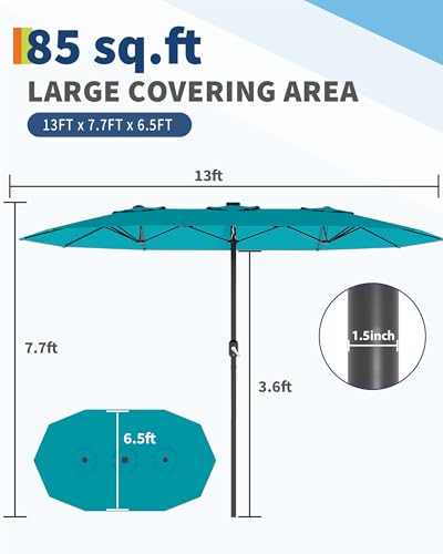 13FT umbrella outdoor patio,Double-Sided Rectangle Umbrella Oversized Shade for 2-6 People, Fade Resistant Canopy for Deck Pool Garden Backyard (Misty Blue, 13FT)