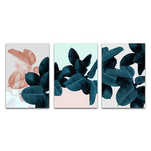 3 Piezas Lienzo Abstracto Hojas de Color Azul Oscuro y Rosa Arte de Pared Carteles e Impresiones Plantas Pintura de Pared Sala de Estar Cocina Oficina Habitación Decoración Hogar - 50x70Cm (Sin Marco)