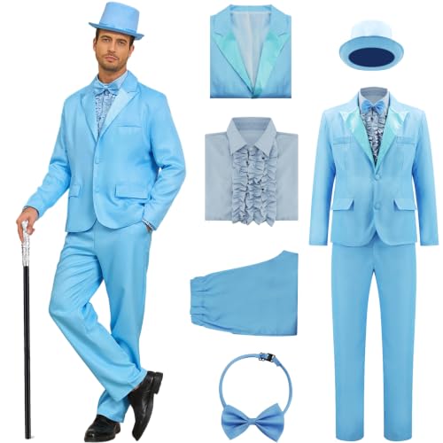 Poybraxh Harry and Lloyd Tuxedos Mens Fun Suit Dumber Orange Suit Dumb Blue Blazer Top Hat Bow Tie Halloween Cosplay Costume 3XL