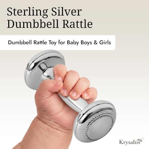 Image of Dumbbell 925 Sterling Silver Dumbbell Baby Rattle | non tarnishing, 0-12 months, engravable, gift boxed, baby shower, christening, newborn keepsake
