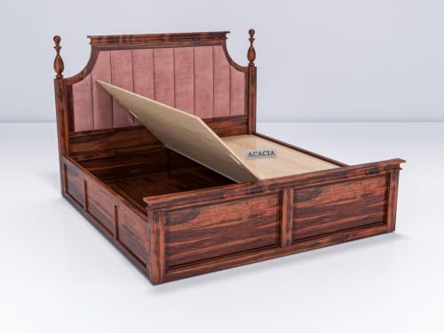 Image of Craft Wooden King Size Bed with Storage | Double Bed Cot Bed with Box Storage & Pink Colour Upholstered Cushioned Headboard for Bedroom, Solid Wood Sheesham, Honey Finish