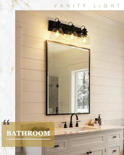 Image of 3-Light Black Bathroom Vanity Light Over Mirror, Clear Glass Shade | 23 inch Retro Vintage Vanity Lighting Fixture, E26 Base, Long Base Metal Frame, Ideal above Bathroom Mirrors, 22151-3W-BK