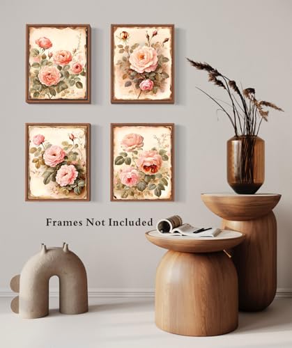 Image of Vintage Flowers Canvas Wall Art Pink Rose Wall Decor,Dark Academia Botanical Wall Art,Retro Floral Valentine Pictures Farmhouses Decor for Home Office Flower Artwork Set of 4 (8''X10''Unframed)