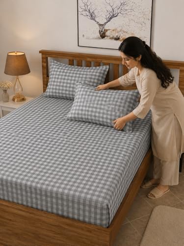 Image of 210 TC Premium Glace Cotton Comfort Elegent Design Bedsheet with Pillow Cover - Ultra Soft Cotton Queen Bed Sheet for Daily Comfort - GreyCheck Elegent 90x90 Inche