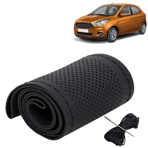 Image of KINGSWAY PU Leatherite Car Steering Cover Sewable Compatible with Ford Figo (Year 2014-2021), Black Color with Black Thread, Pack of 1 with Sewing Needle and Thread