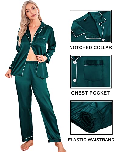 Swomog Women's 7 Pcs Silk Satin Pajamas Set Long Sleeve Button Down Sleepwear Cami Shorts Pjs Set With Eye Mask (As1, Alpha, L, Regular, Regular, Dark Green) #TOP2