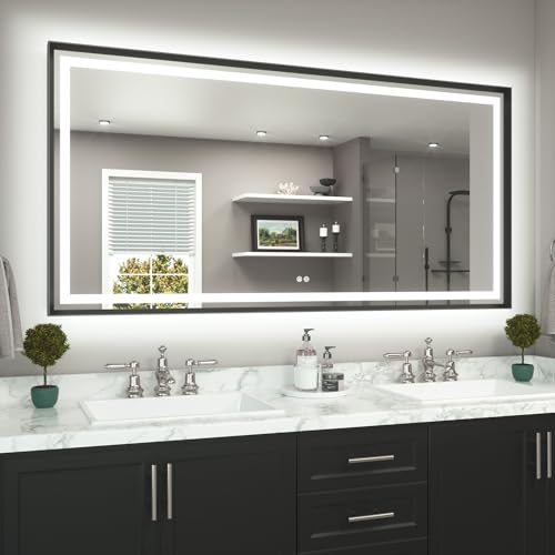 TETOTE 72 x 36 Large Bathroom Mirror Brushed Black Metal Frame Frontlit & Backlit Vanity Mirror 3 Colors White/Warm/Natural Stepless Dimmable Anti-Fog Bathroom Mirrors for Vanity Wall-Mounted