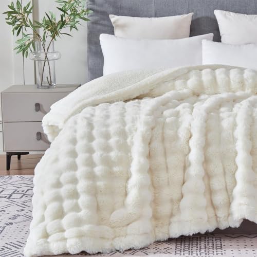 Zabtcd Faux Fur Throw Blanket for Couch, Soft Fuzzy Plush Thick Bubble Blanket, Luxury Fluffy Throw Blanket for Sofa, Bedroom, Cream White, 50x60