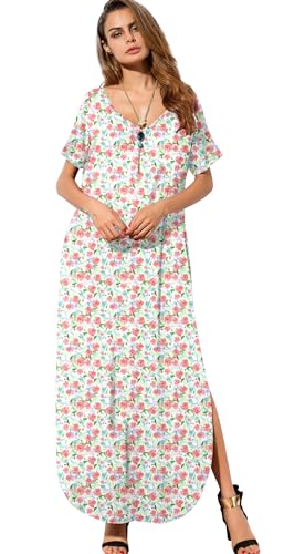 Image of GRECERELLE Women's Summer Maxi Dress Casual Loose V Neck Short Sleeve Side Split Long Dresses with Functional Pockets
