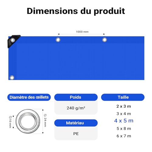 Bâche de camion étanche Wiltec 5x4 m protection UV et intempéries